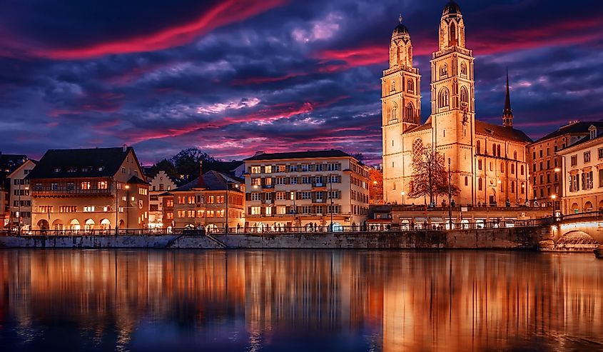 Cityscape image of Zurich with colorful sky, during dramatic sunset