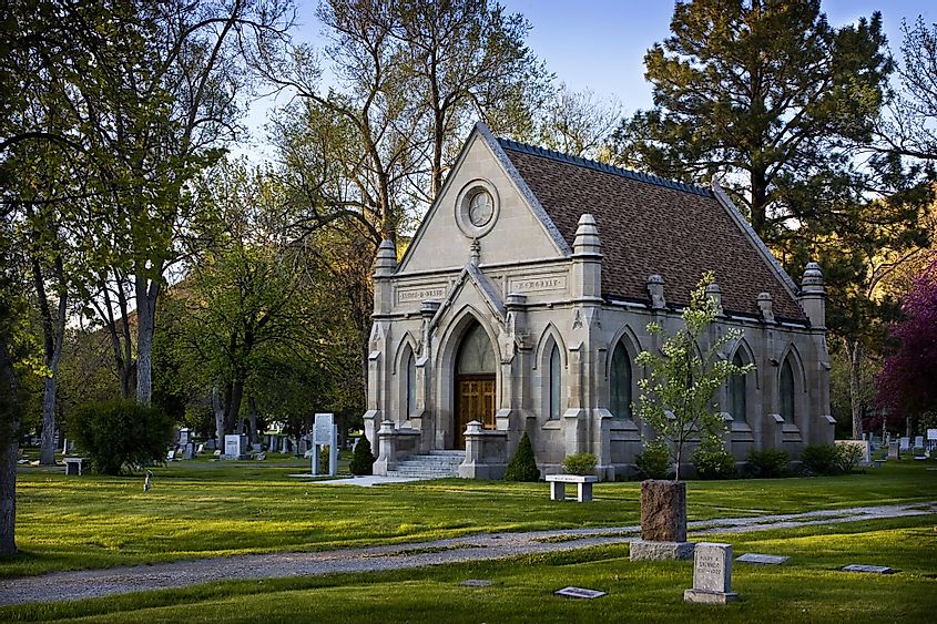 Old stone church in a cemetery in Pocatello, Idaho