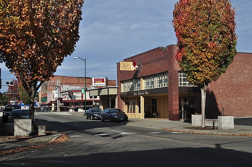Looking roughly north at the east side of 100 & 200 blocks of N. Meridian, Puyallup, Washington. Train tracks are BNSF Seattle Subdivision.