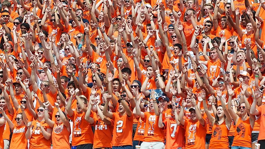 Fighting Illini fans cheer the football team at Memorial Stadium.