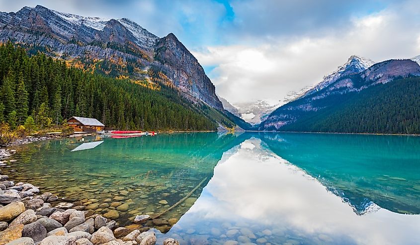 Beautiful autumn views of iconic Lake Louise in Banff National Park in the Rocky Mountains of Alberta Canada