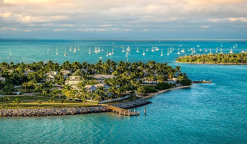 Panoramic sunrise landscape view of the Island of Key West, Florida Keys