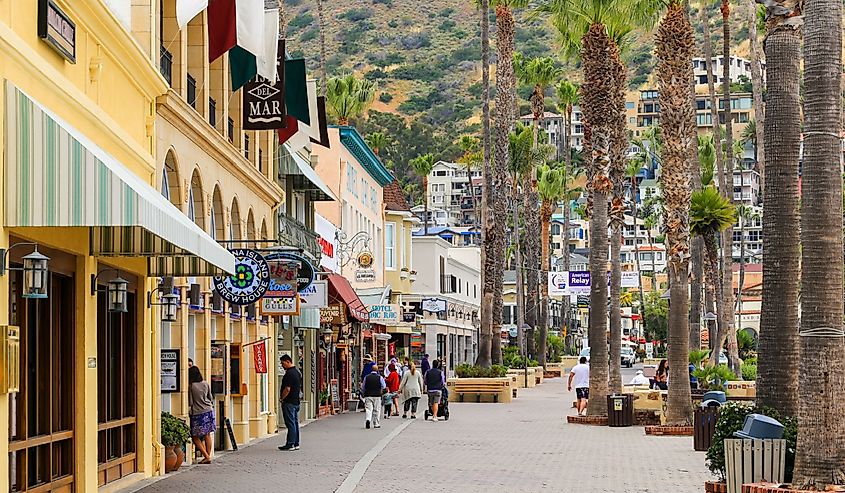 The boardwalk in Avalon (Santa Catalina Island) with shops on the left. People strolling around. In the background are houses in the hills.