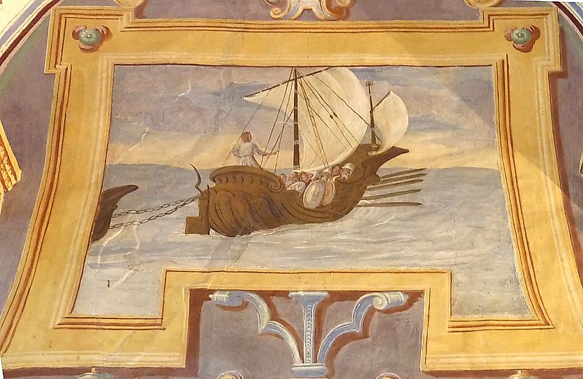 A painting of Caesar in a boat with the pirates