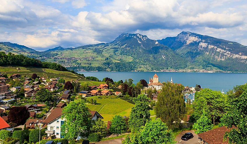 Aerial view of Spiez town with Spiez castle and Lake Thun in the Bernese Oberland, Switzerland.