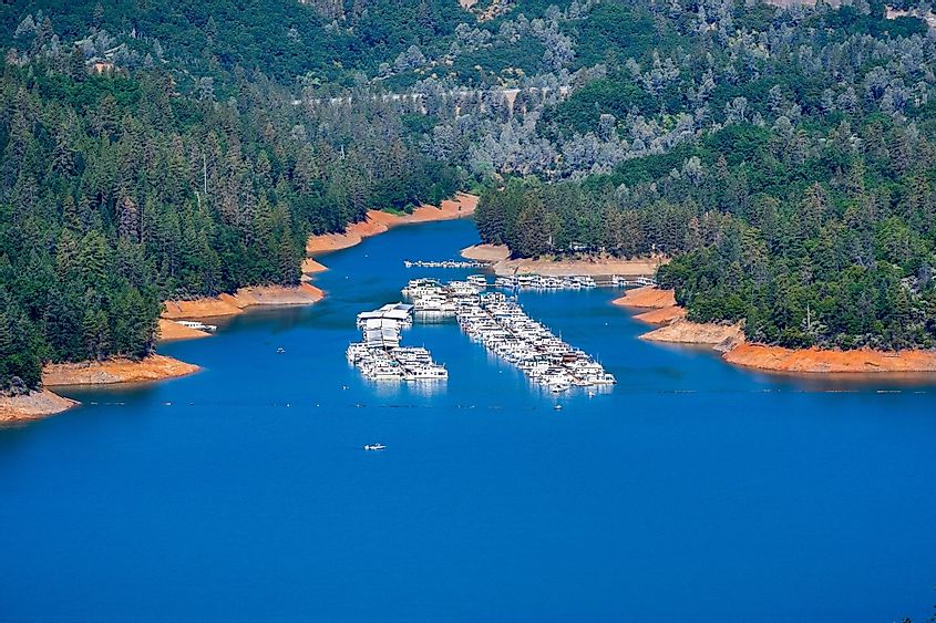 Aerial view of Holiday Harbor on the McCloud River - an arm of Shasta Lake in Northern California