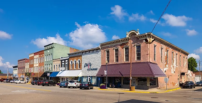 The business district on Union Street in Liberty, Indiana.