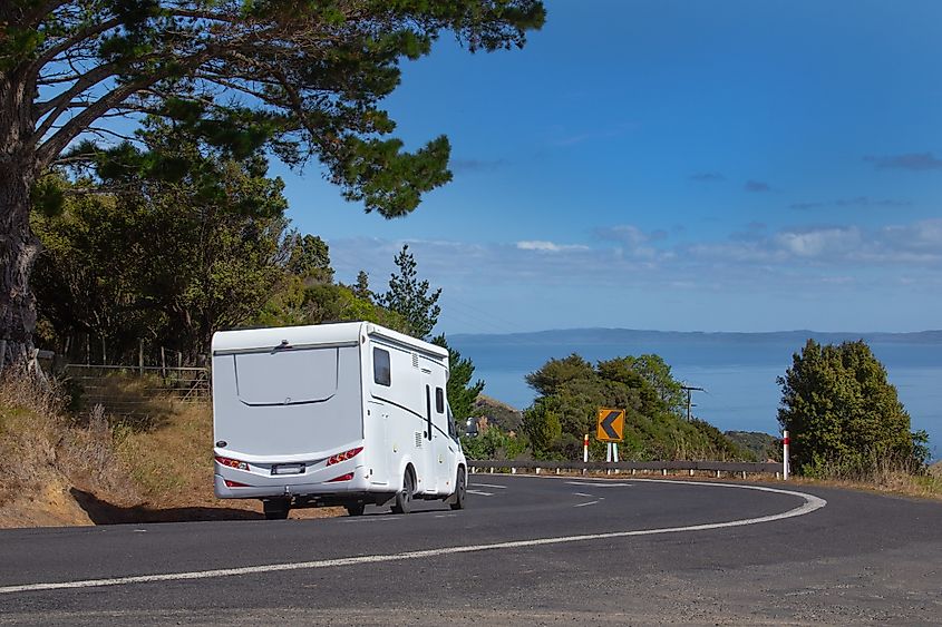 Campervan at Manaia Rd saddle on scenic State Highway 25 between Thames and Coromandel Town.
