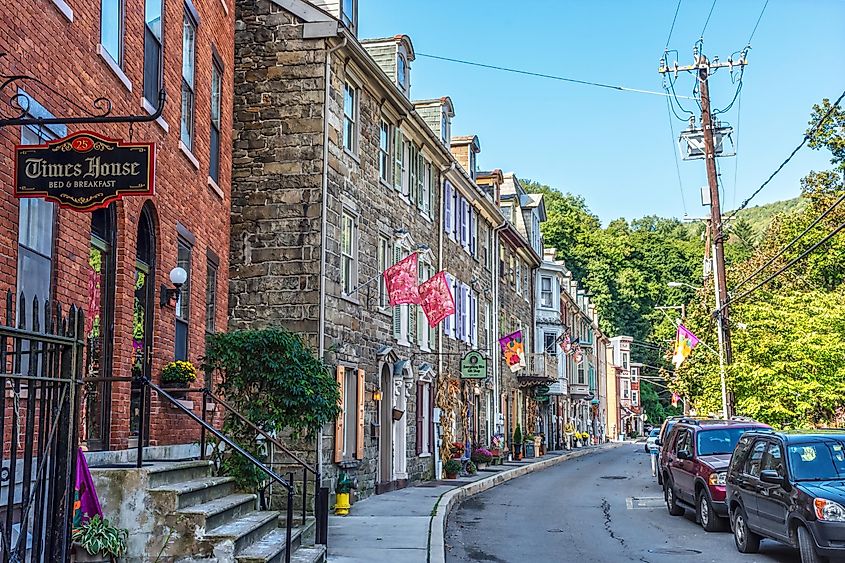 Race Street in Jim Thorpe lined with historic brick buildings.