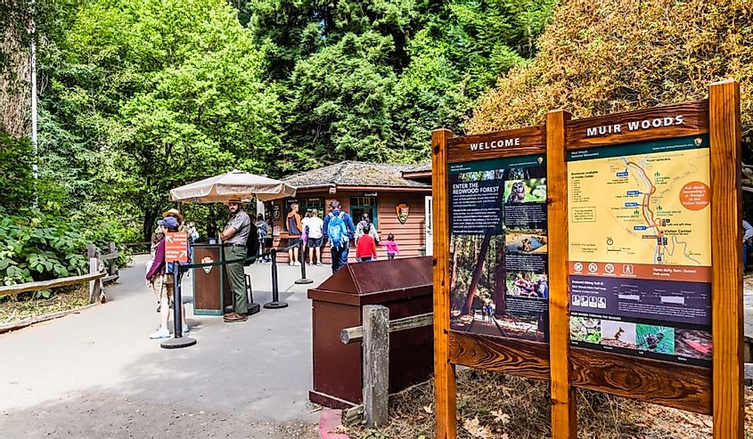 Information panels and rangers welcoming visitors to Muir Woods National Monument, the Visitor Center, Mill Valley, California