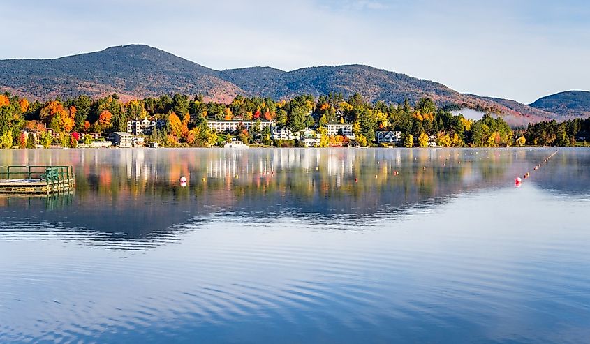 View of the Mountain Village of Lake Placid from a Foggy Mirror Lake at Sunrise