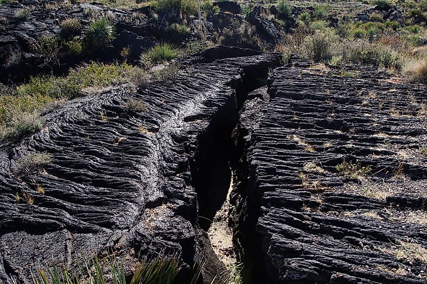 Volcanic rock fissure in the Carrizozo Malpais lava field at Valley of Fires Recreation Area, New Mexico.