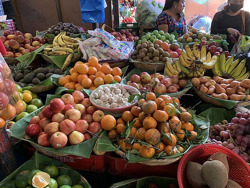 Mounds of fresh produce at a street market
