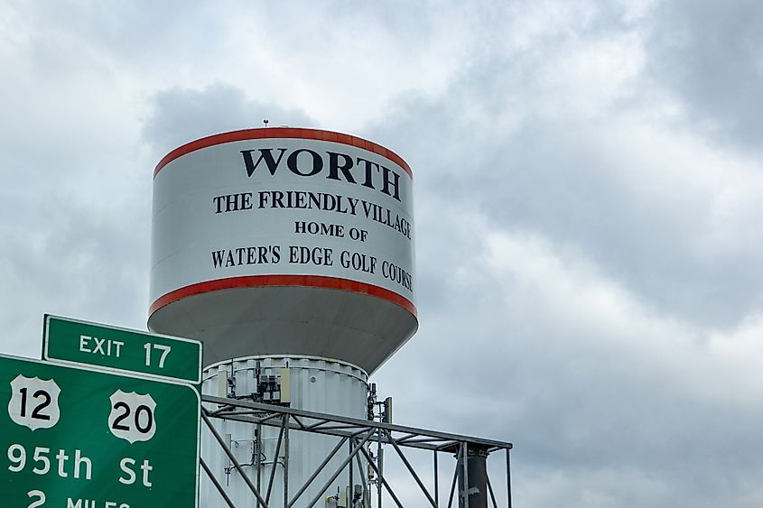 Water tower in the town of Worth in Illinois.