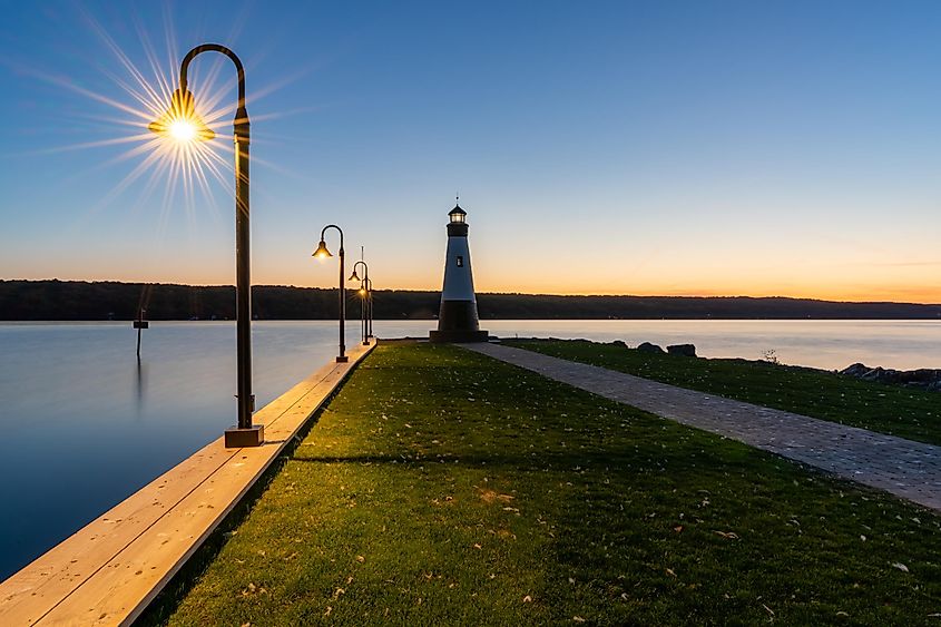 Sunset photo of the Myers Point Lighthouse at Myers Park in Lansing, NY.