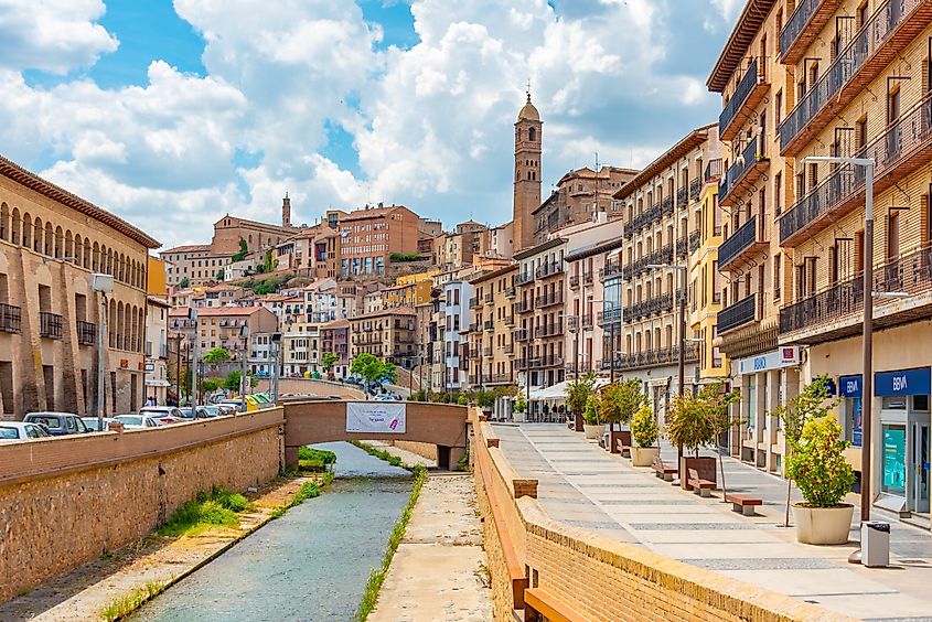 Riverside of river Queiles running through center of Tarazona, Spain.