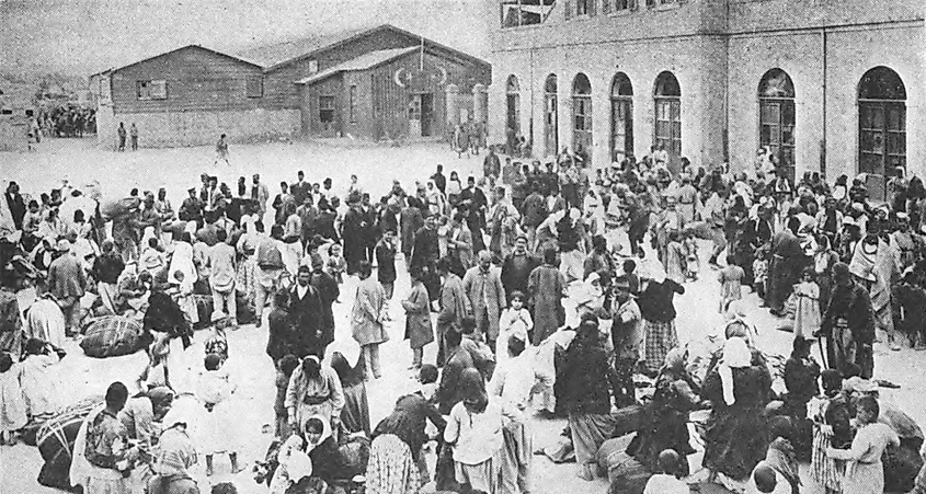 Armenians gathered in a city prior to deportation during the Armenian genocide. They were murdered outside the city.