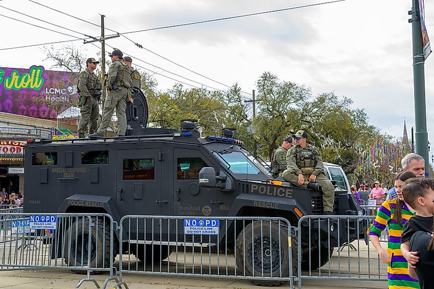 Police officers at the Mardi Gras parade in New Orleans, Louisiana