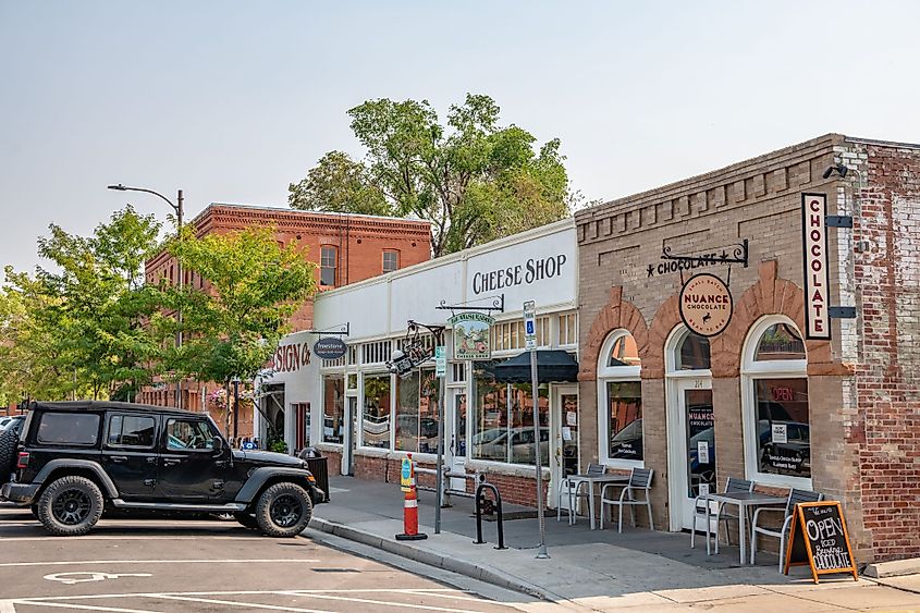 A chocolate shop store front downtown in the Old Town Area, along College Avenue in Fort Collins, Colorado