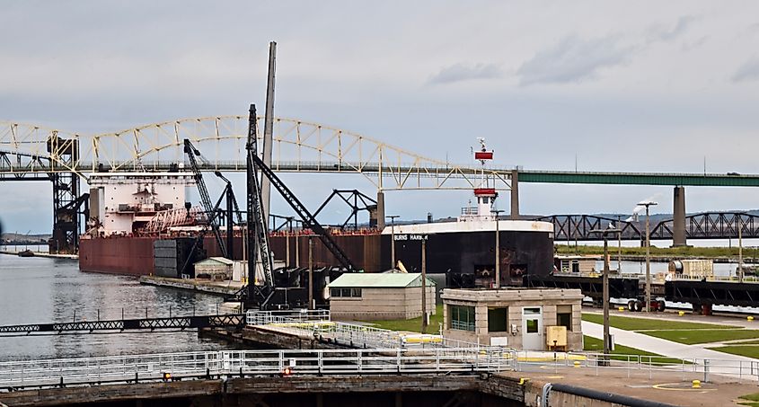 The freighter Burns Harbor entering the Poe Lock at the Soo Locks.