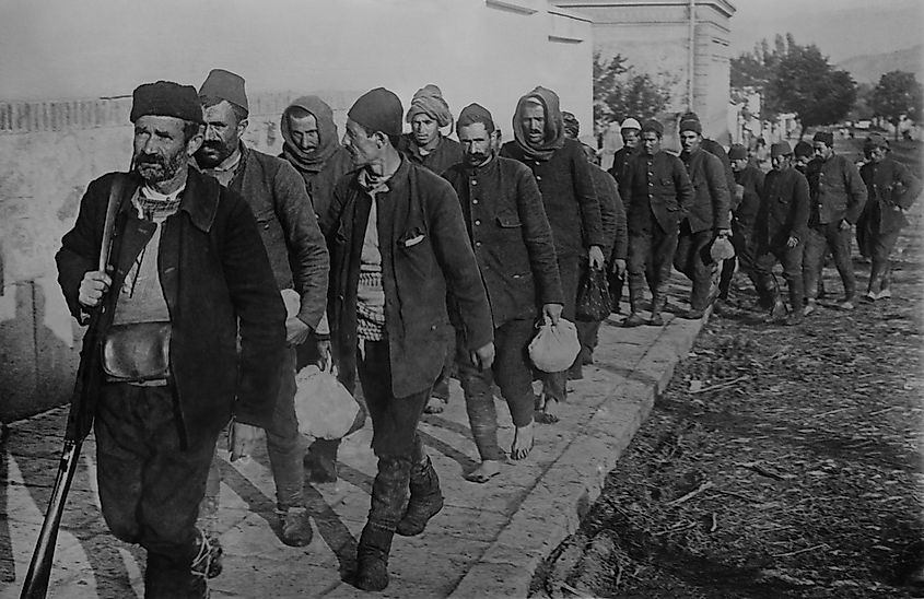 Turkish prisoners being led by a Serbian soldier during the First Balkan War by Everett Collection via Shutterstock.com
