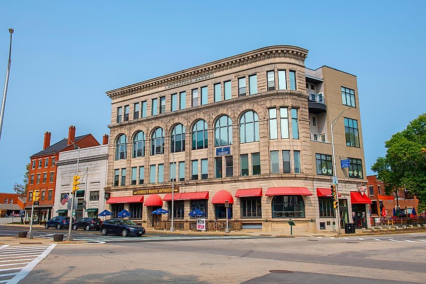 Thirsty Moose Tap House restaurant at 83 Washington Street at Central Avenue in city center of Dover, New Hampshire