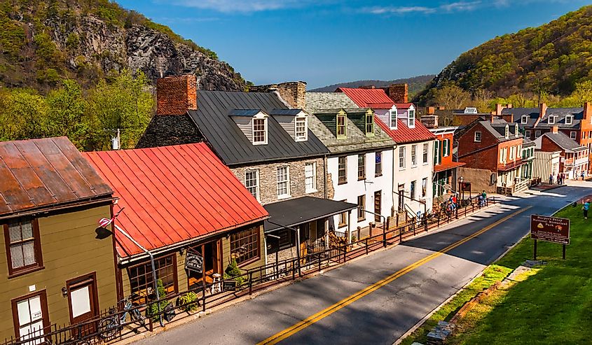 View of historic buildings and shops on High Street in Harper's Ferry, West Virginia.