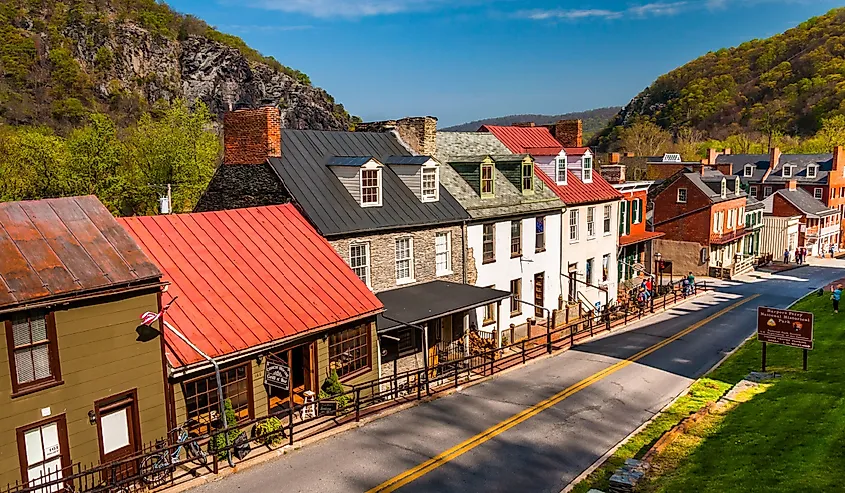 View of historic buildings and shops on High Street in Harper's Ferry, West Virginia