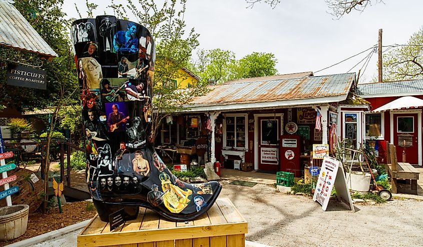 Colorful shop with artwork and vintage items on display in the small Texas Hill Country town of Wimberley, Texas.