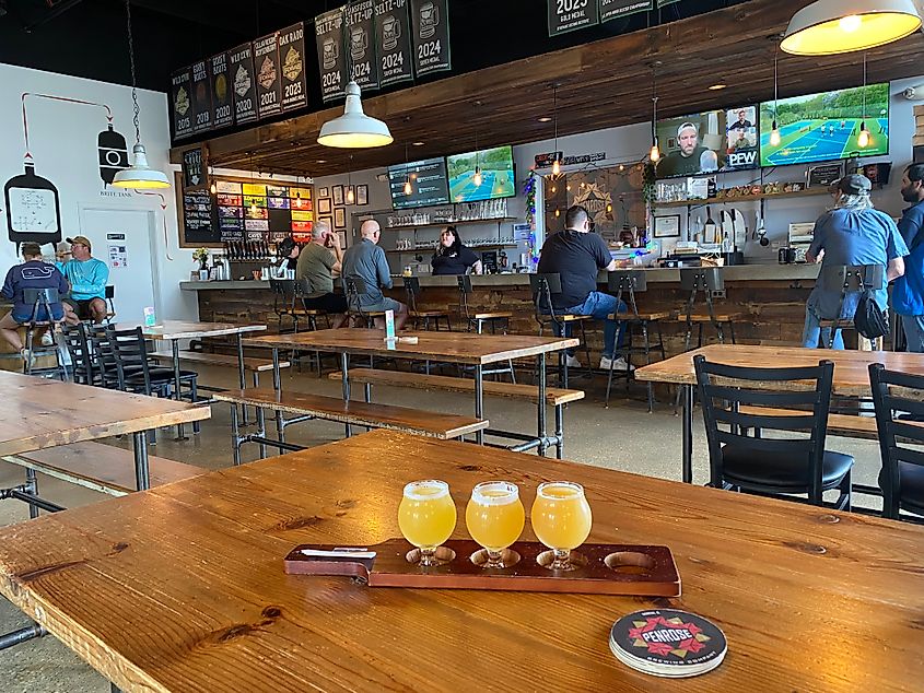 A flight of taster beers sits on a picnic table in a spacious and funky brewery.