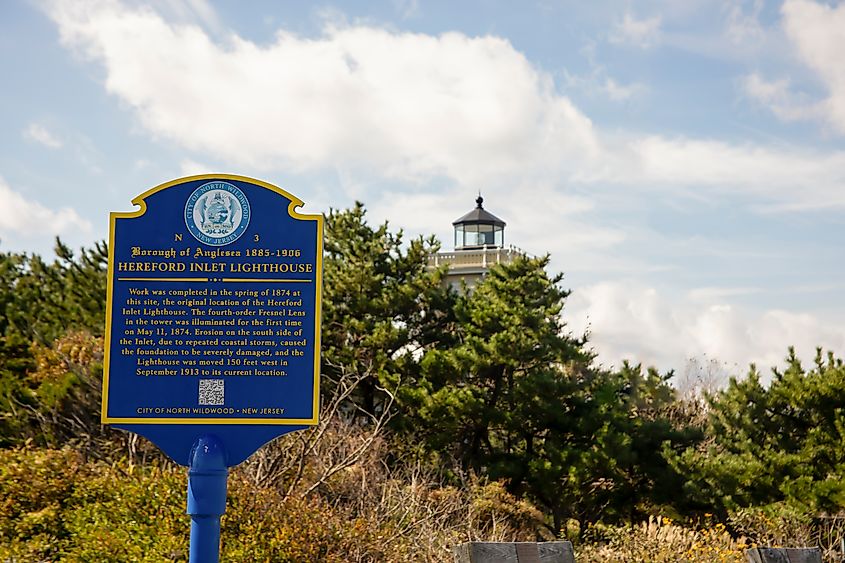 Hereford Inlet Lighthouse historical marker in North Wildwood, New Jersey