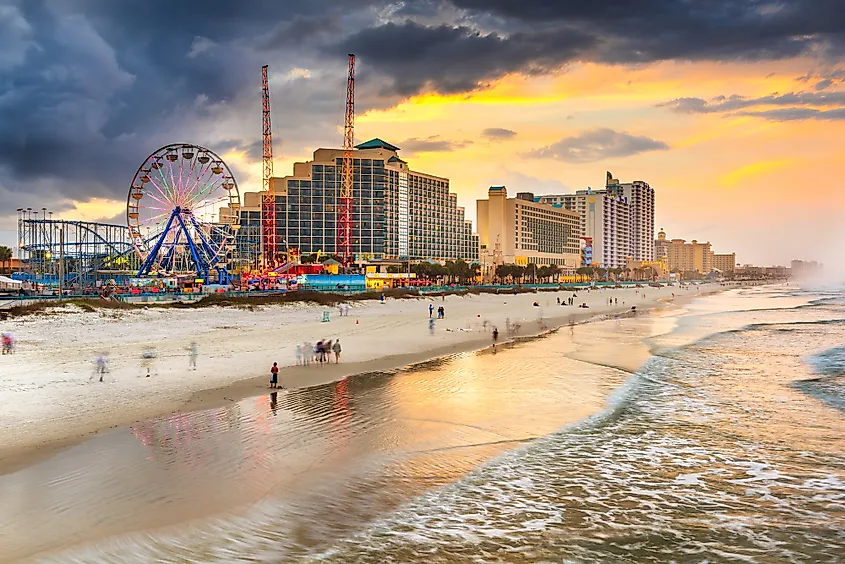 The broad beach and shoreline at Daytona Beach, Florida.