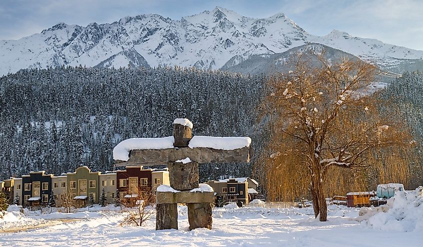 Pemberton Inukshuk on a snowy winter day in British Columbia.