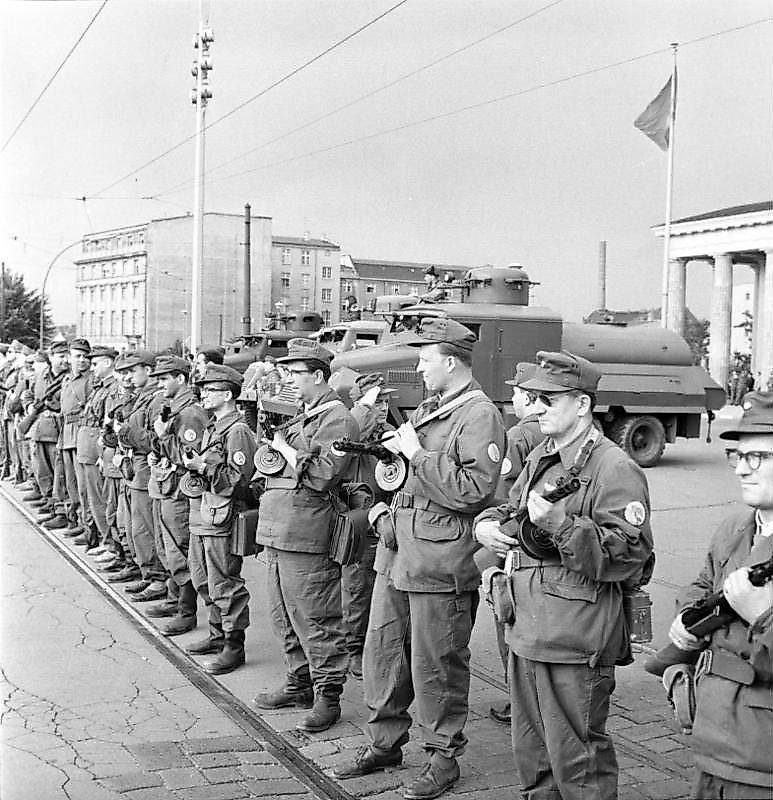 East German Combat Groups of the Working Class close the border on 13 August 1961 in preparation for the Berlin Wall construction