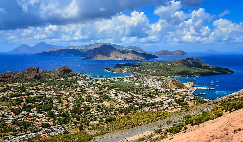 Landscape view of Lipari islands taken from Volcano island, Sicily, Italy