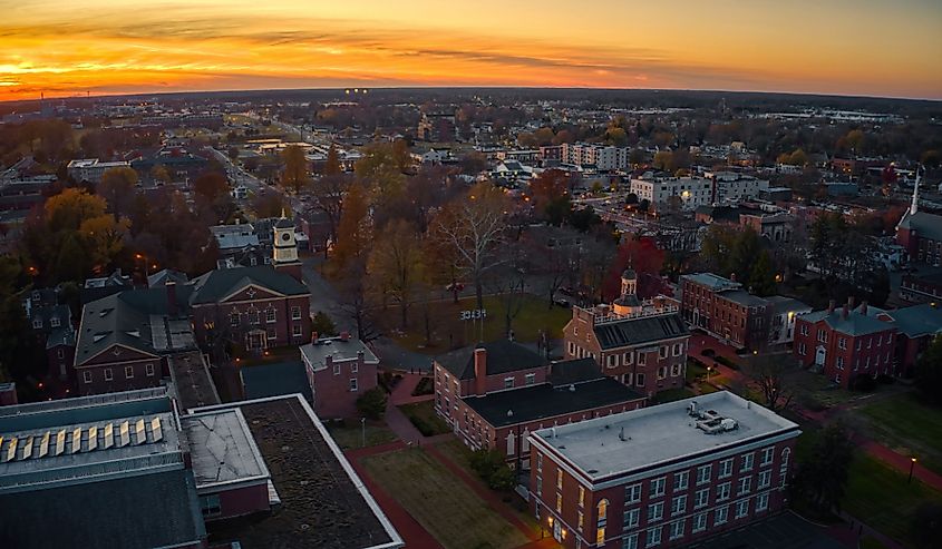 Aerial view of Dover, Delaware during autumn at dusk.