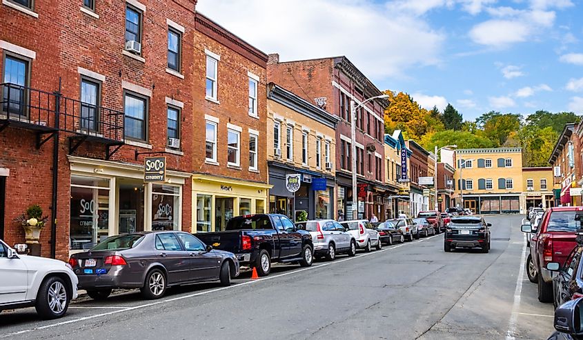Railroad Street lined with Traditional Brick Buildings and Colourful Shops and Restaurants. Great Barrington is Both a summer resort and home to Ski Butternut.