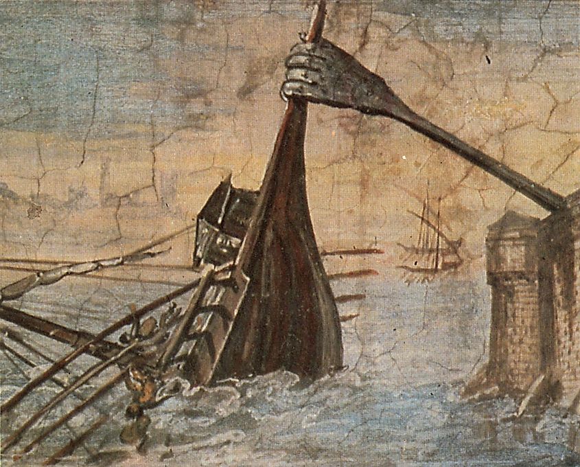 Detail of a wall painting of the Claw of Archimedes sinking a ship in the Siege of Syracuse.