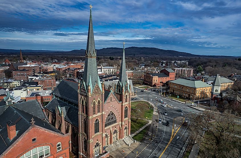 Aerial view of Northampton, Massachusetts in early spring 