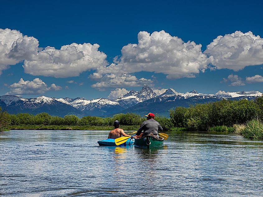 People kayaking at the Teton River near Drigg, Idaho.