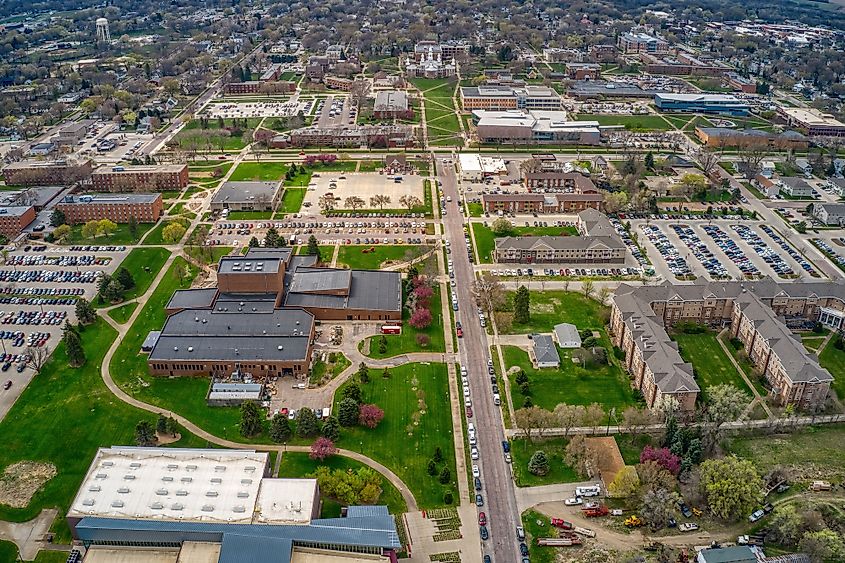 Aerial view of the town of Vermillion, South Dakota.