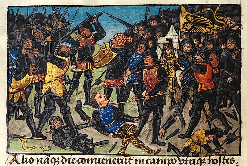Alexander's first victory over the Persian king Darius, depicted in medieval European style in the 15th century romance The History of Alexander's Battles