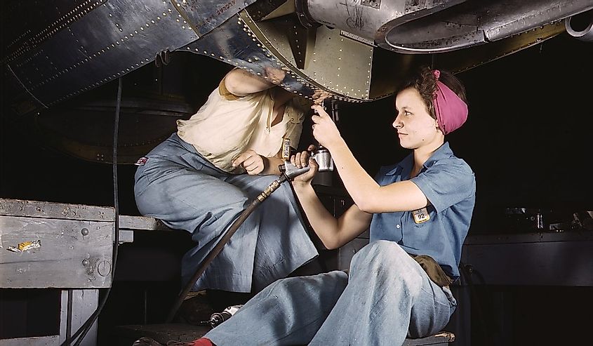 Women at work on bomber, Douglas Aircraft Company, Long Beach, California, 1942.