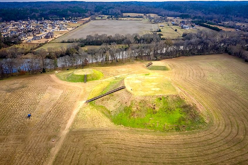 Aerial view of Etowah Indian Mounds Historic Site in Cartersville, Georgia.