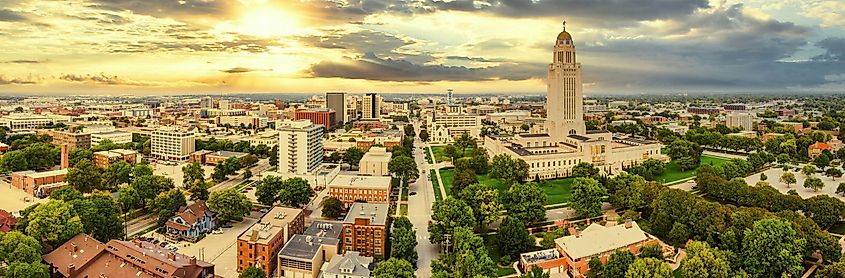 Aerial panorama of Lincoln, Nebraska under a dramatic sunset. Lincoln is the capital city of the U.S. state of Nebraska and the county seat of Lancaster County.