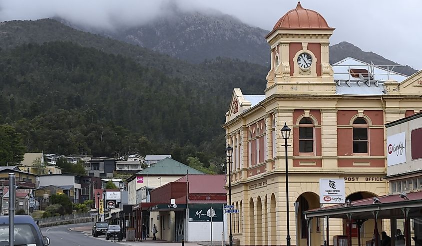 The Queenstown Post Office and hills at Queenstown, Tasmania, Australia