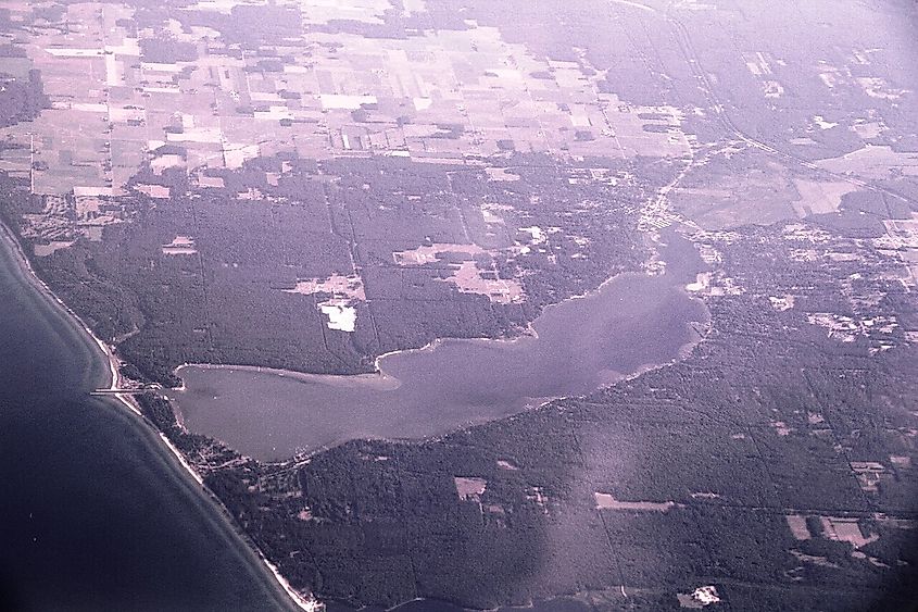 Aerial view from the south towards north, over Muskegon county, Michigan. The lake visible is the White Lake.