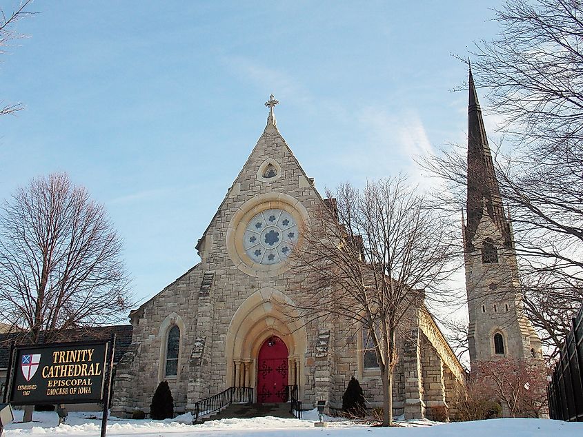 A winter scene of Trinity Episcopal Cathedral Davenport, Iowa.