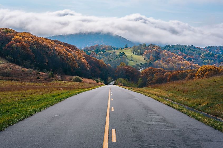 The Blue Ridge Parkway and fog over mountains in Virginia