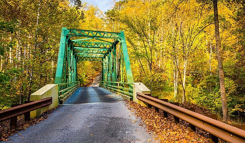 Autumn color and a bridge in Gunpowder Falls State Park, Maryland.